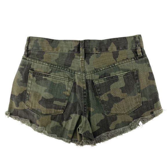 FREE PEOPLE We the Free Camo Combo Distressed Raw Hem Cutoffs Size 24 - Picture 2 of 16